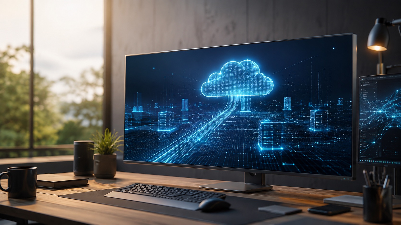 Cloud and AI architecture visualised on a professional technology workspace
